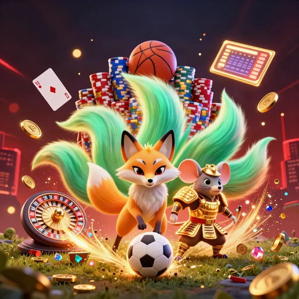 Fox spirit and golden mouse amid casino coins, roulette, cards, and a flying soccer ball
