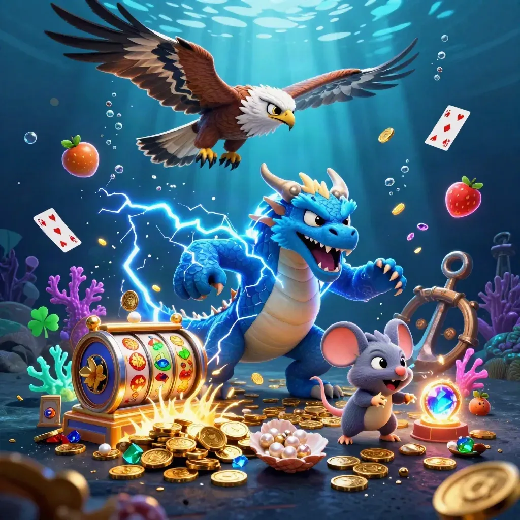 Thunder dragon, hawk and mouse burst through an underwater treasure cove with gold and neon glow.