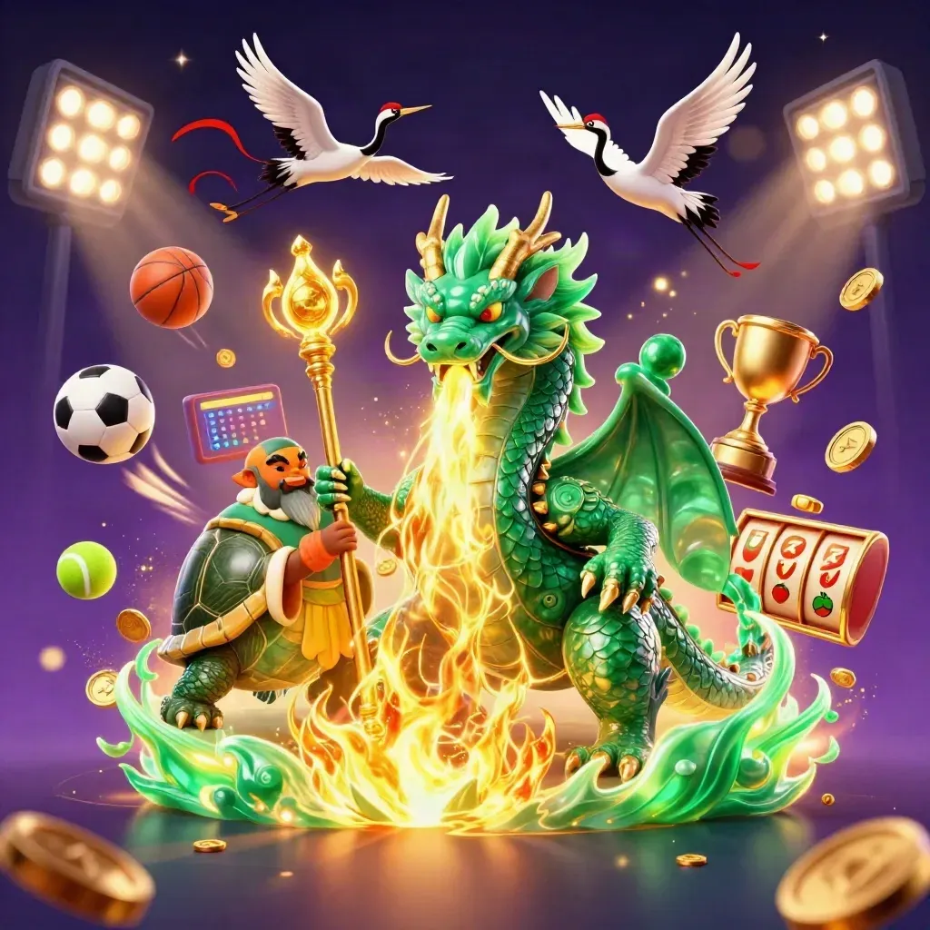 Emerald dragon, turtle sage and cranes amid golden fire, sports balls, coins and casino lights.