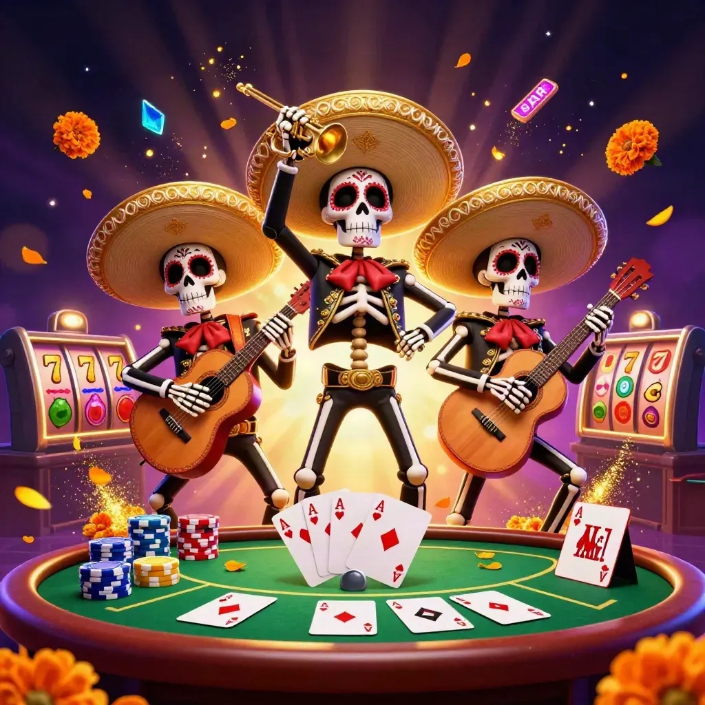Skeleton mariachi trio in neon casino chaos with cards, chips, reels, and gold sparks.