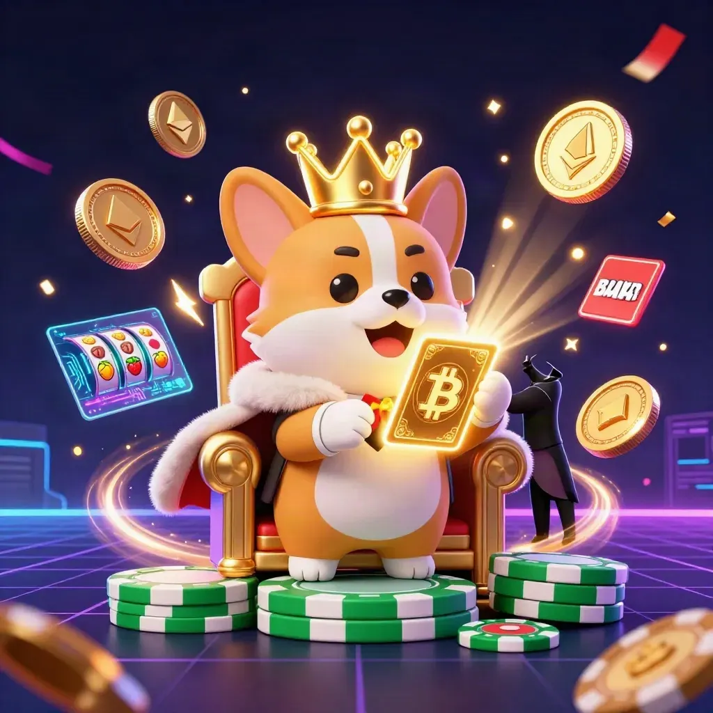 Royal corgi king and cat butler on poker-chip throne amid glowing coins, reels and casino energy