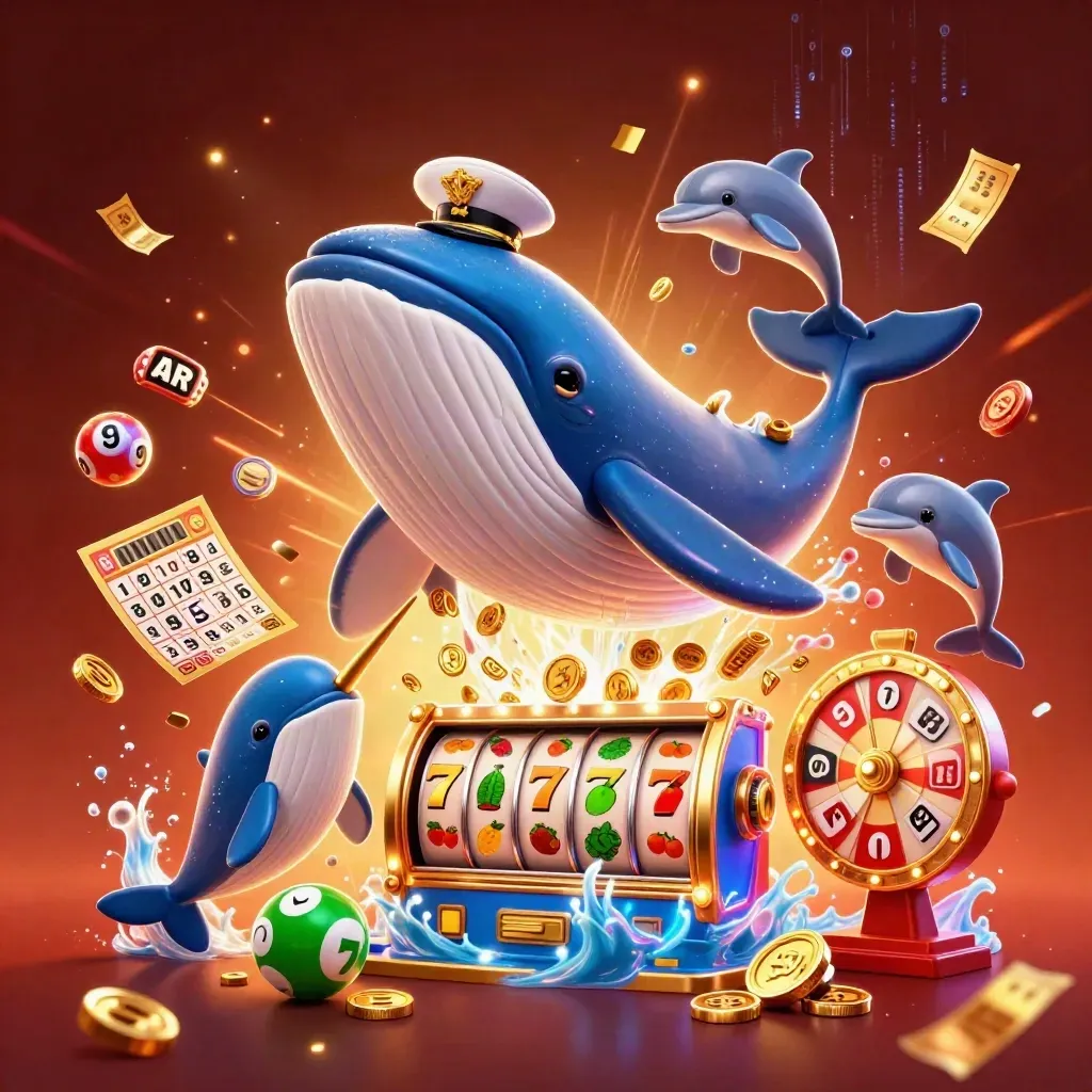 Captain whale, narwhal and chip-trick dolphins burst through coins amid neon casino fire and jackpots.